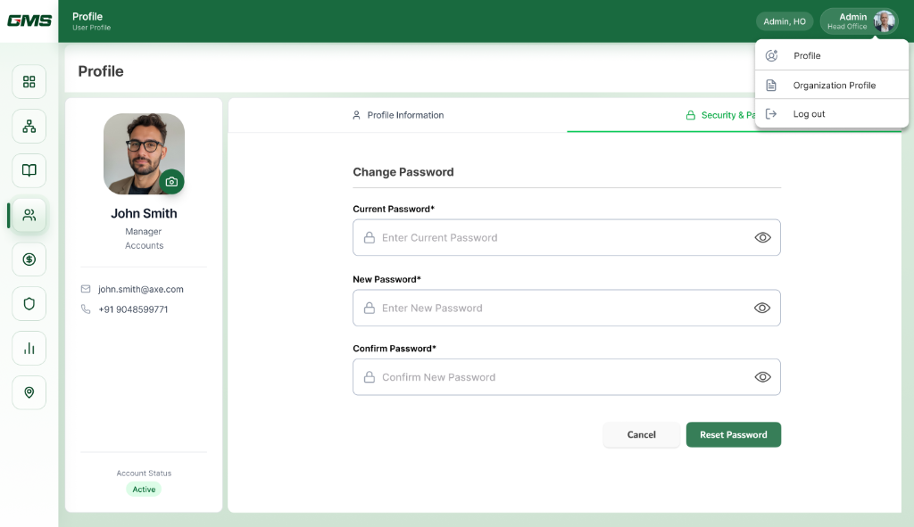 GMS Admin Portal Account Security & Password Reset UI