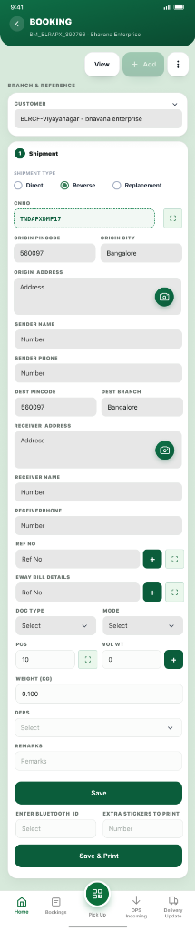 GMS Employee Mobile App Reverse Logistics Return Booking Screen